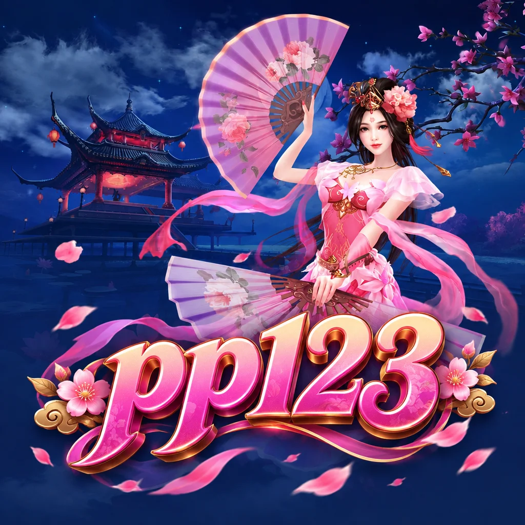 Karakter Diaochan memegang kipas berlatar paviliun malam dan bunga mekar dengan logo pp123 merah muda
