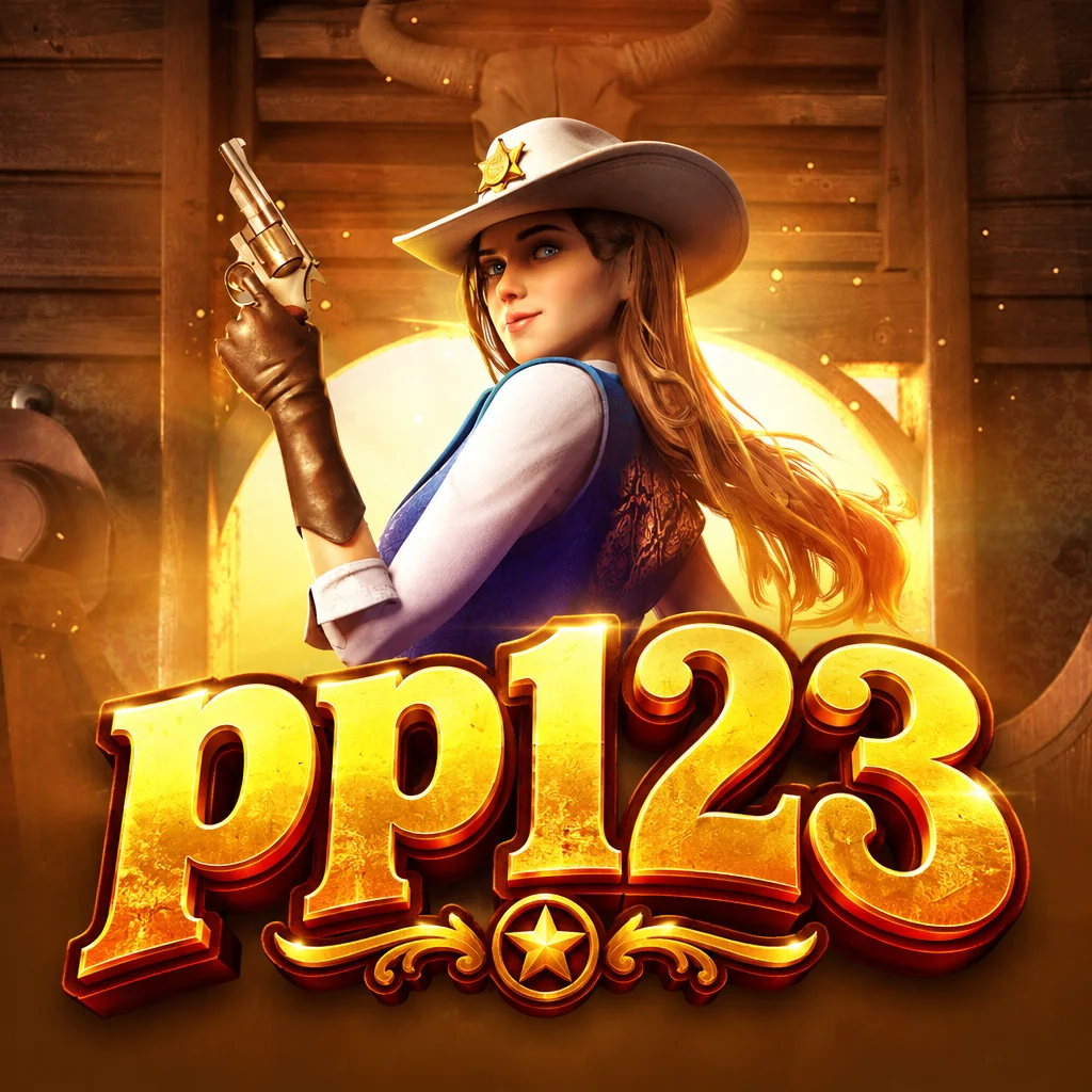 Karakter koboi wanita memegang pistol dengan logo emas pp123 dalam tema Wild Bounty Showdown